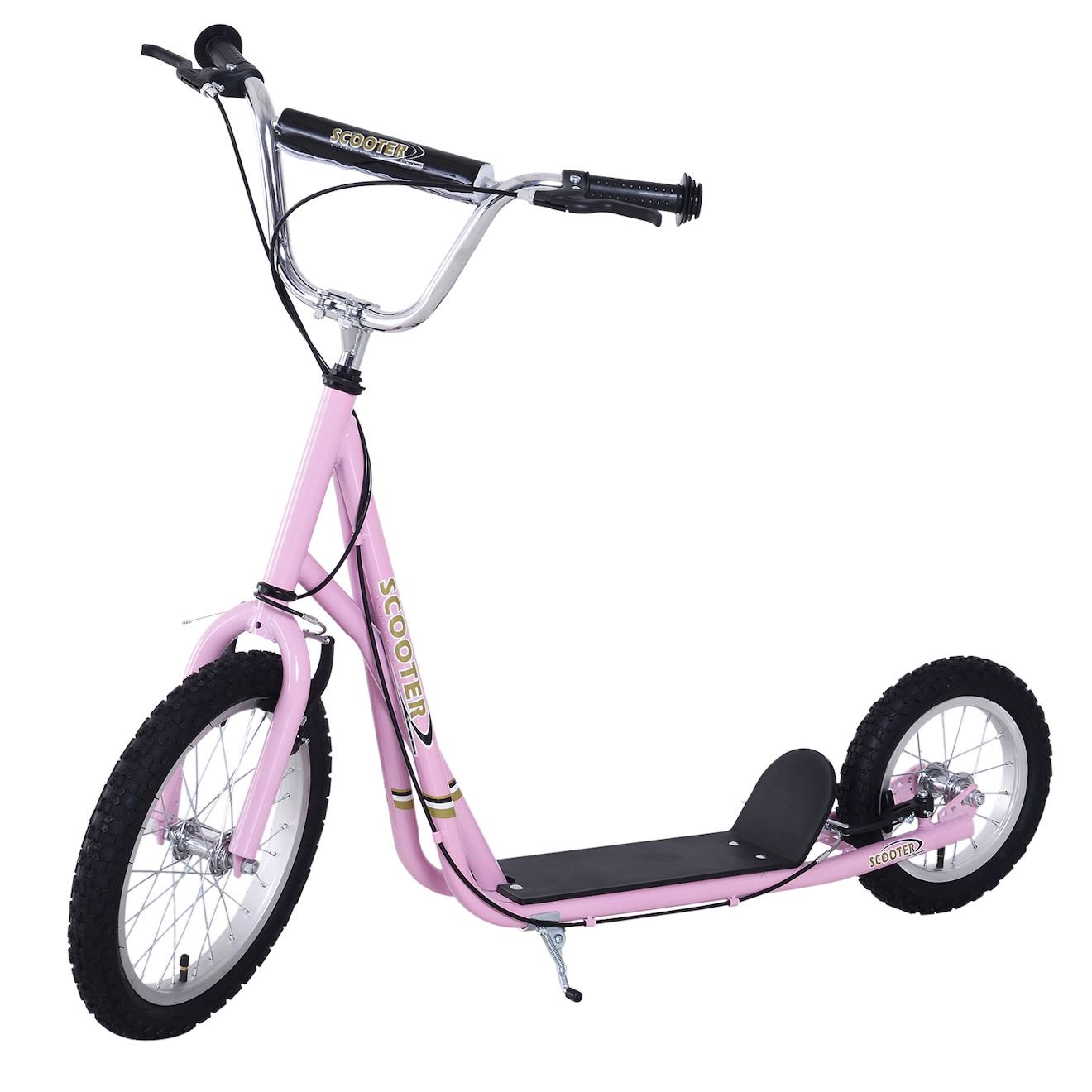 Trottinette Patinette Enfant Grands Pneus Guidon Réglable Poignées Freins Et Béquille Acier Rose