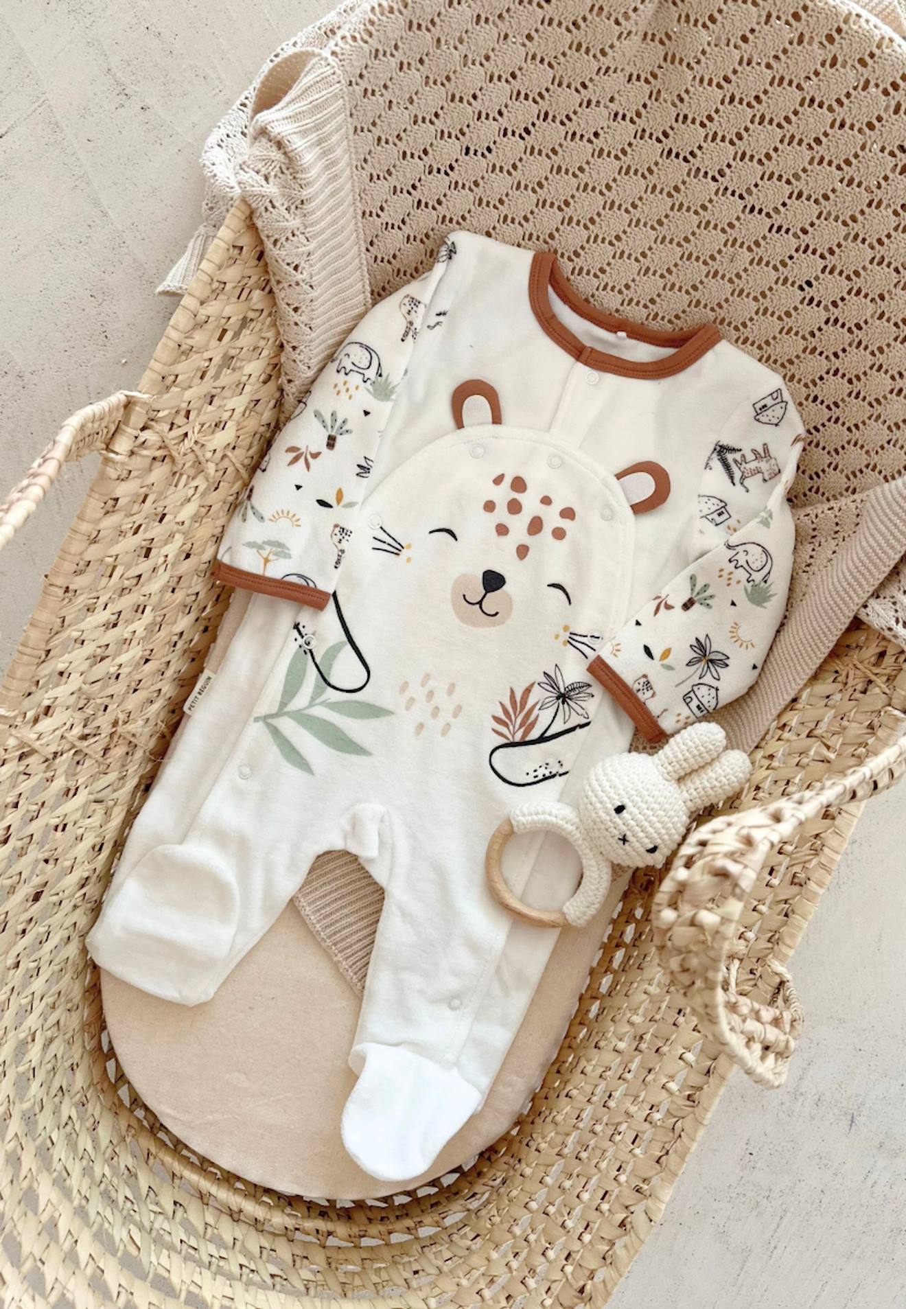 Pyjama Bébé En Velours Ouverture Pont Yao Ecru