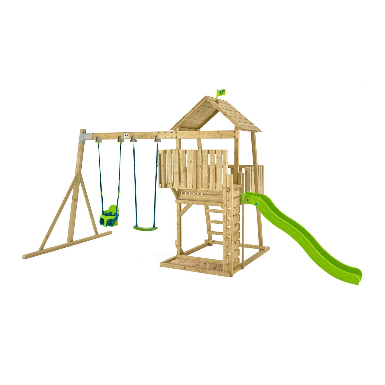 Aire De Jeux Portique Fauteuil Bébé Kingswood Bois Fsc® Marron - Bleu - Vert