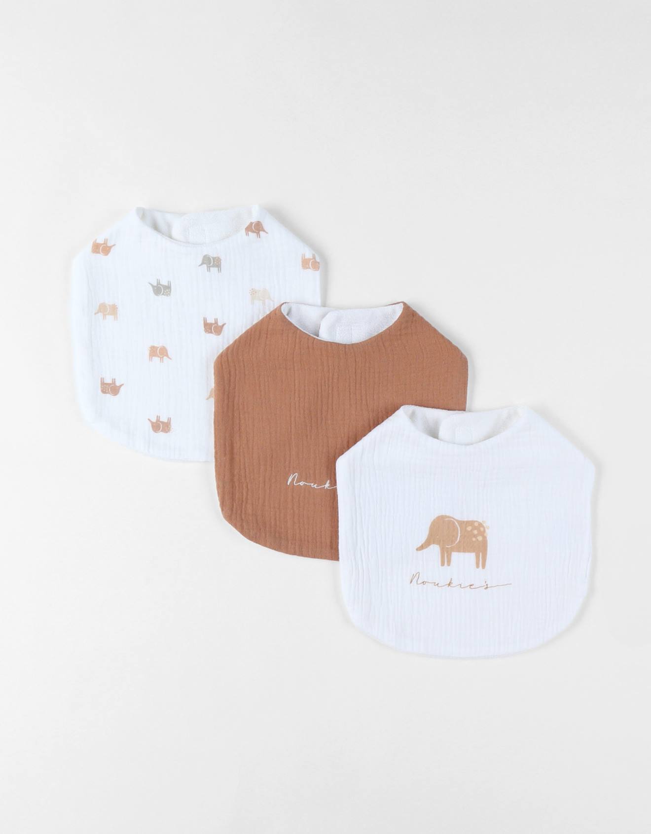 Noukies - Set De 3 Bavoirs Imprimé Éléphant En Mousseline Blanc