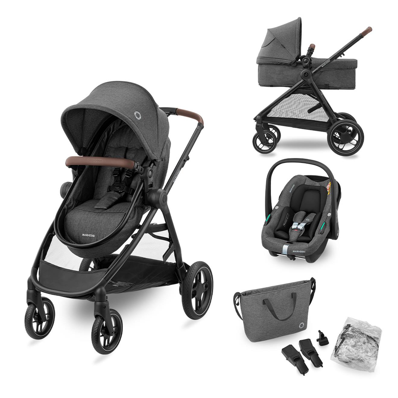 Poussette 3 En 1 Zelia S, Nacelle + Siège Auto Cabriofix S Isize + Sac À Langer Gris Foncé