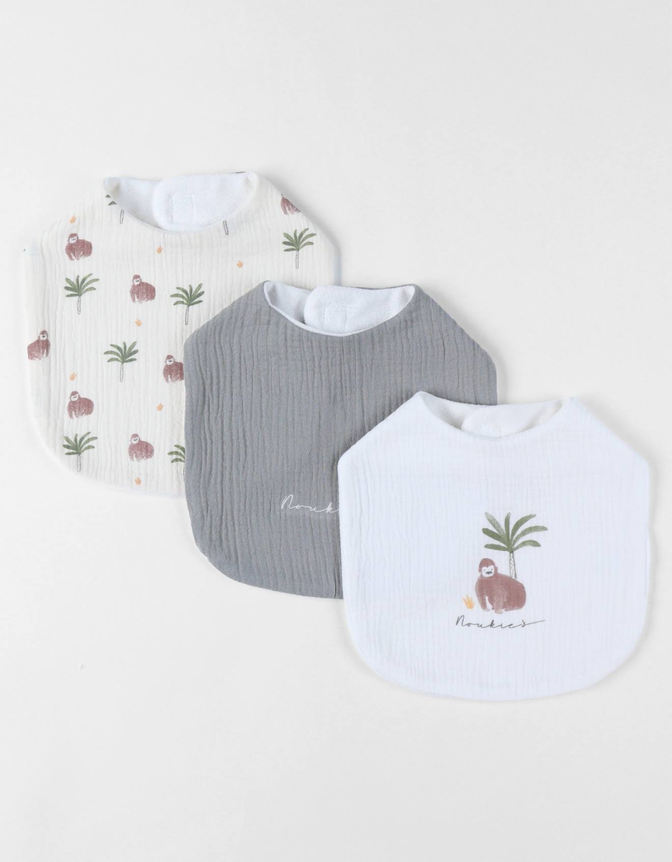 Lot De 3 Bavoirs Imprimé Gorille En Mousseline Ecru