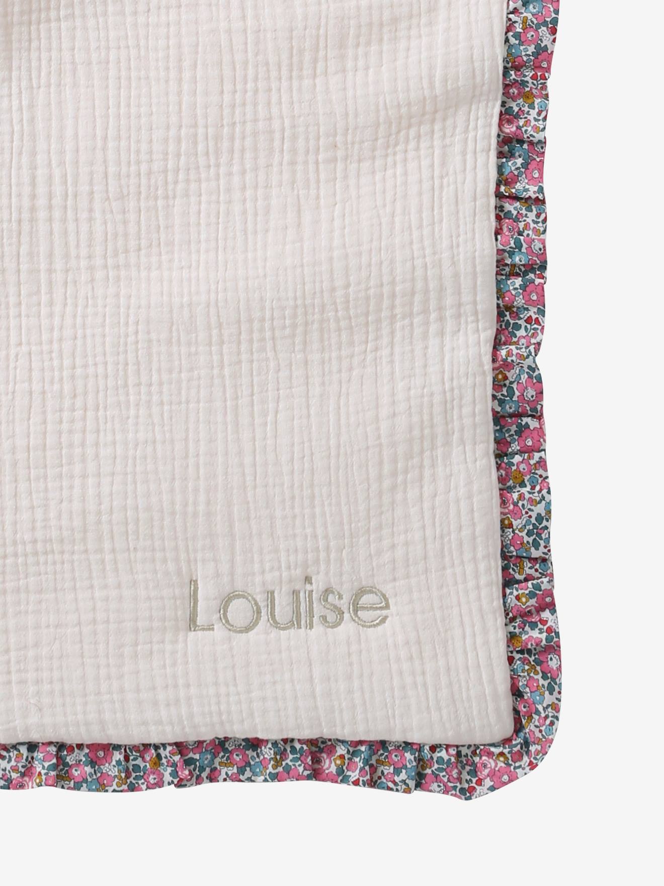 Couverture naissance personnalisable en gaze de coton bio et tissu Liberty rose pâle (Envie De Fraise) - Image 2