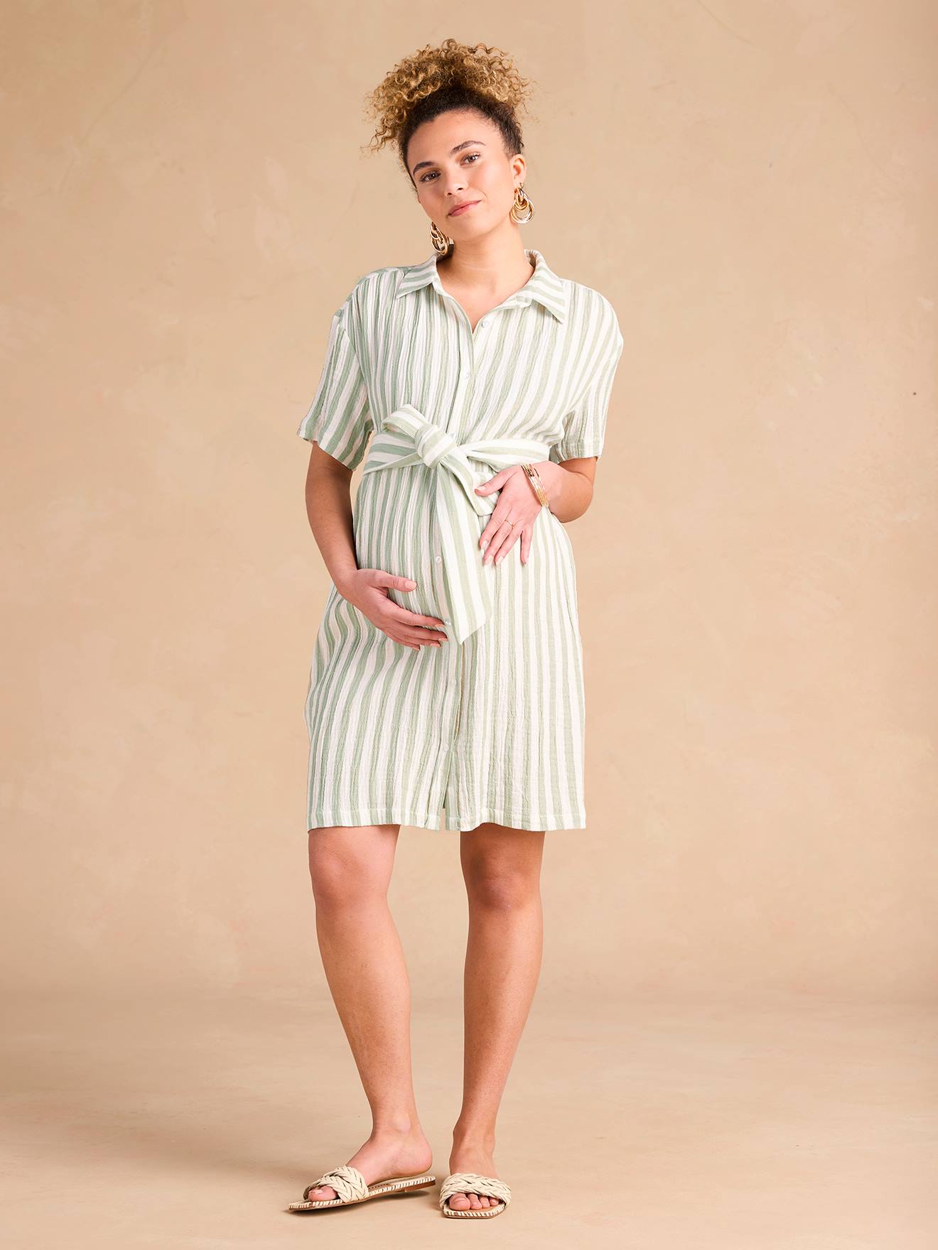 Robe chemise à larges rayures grossesse et allaitement en gaze de coton vert sauge