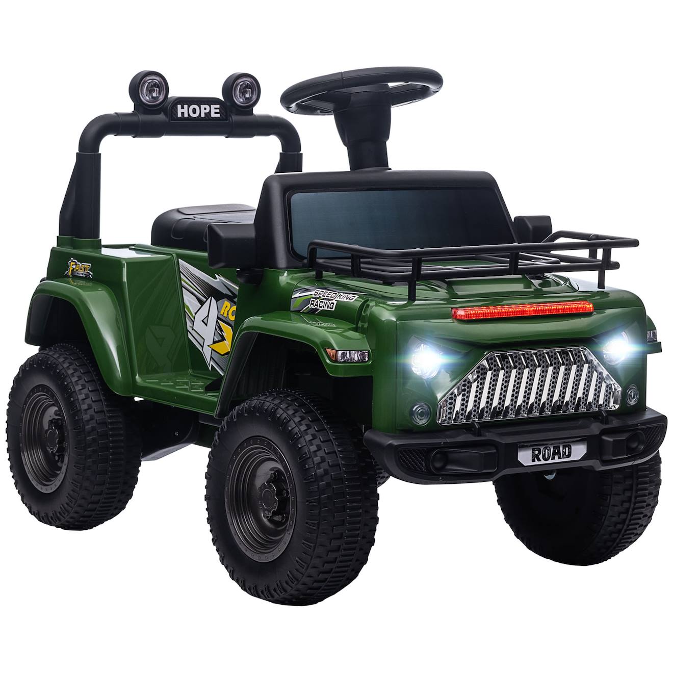Voiture 4x4 Électrique Enfant 6v 25w 3 Km/h Max. Coffre Galerie Capot Fonctions Sonores Lumineuses Vert
