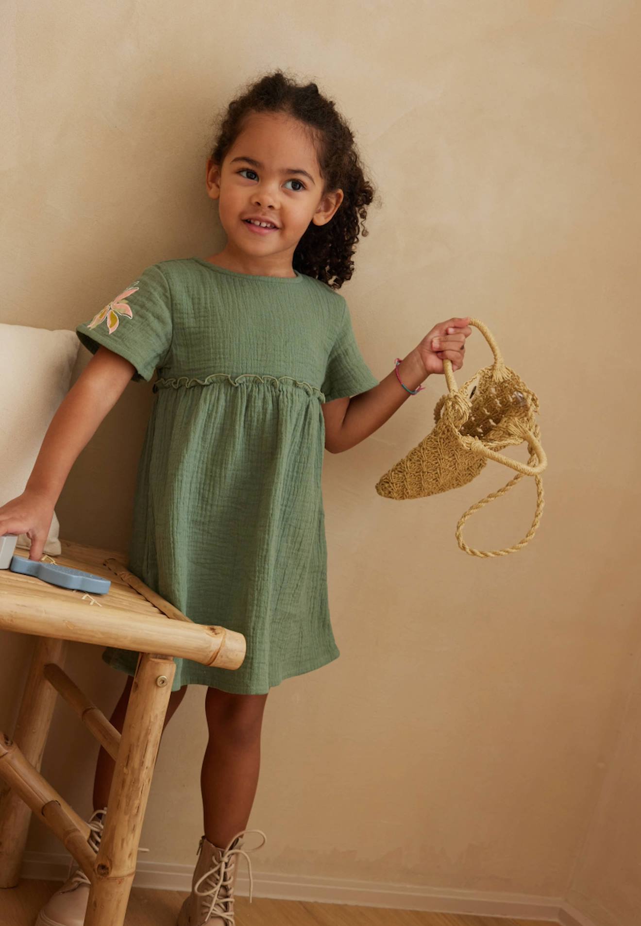 Robe Enfant En Gaze De Coton + Chouchou Pivoina Kaki