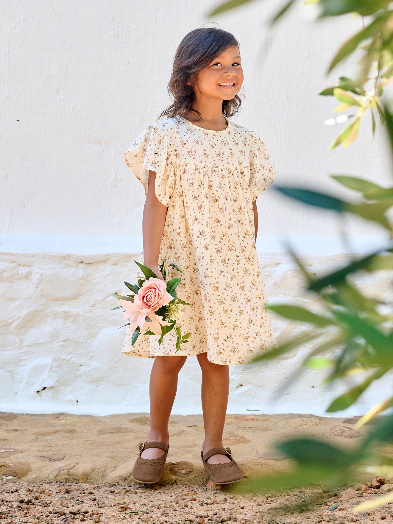 Robe fille en gaze de coton imprimée vanille