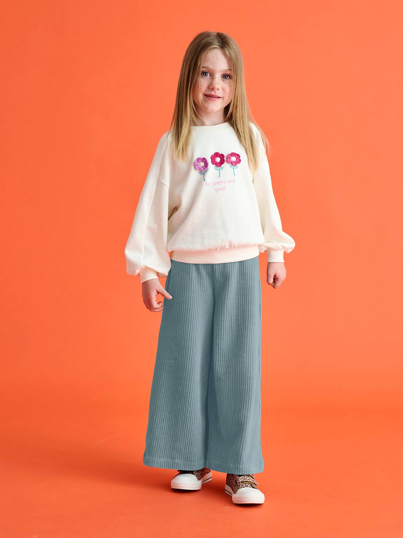 Pantalon large en velours fille bleu grisé