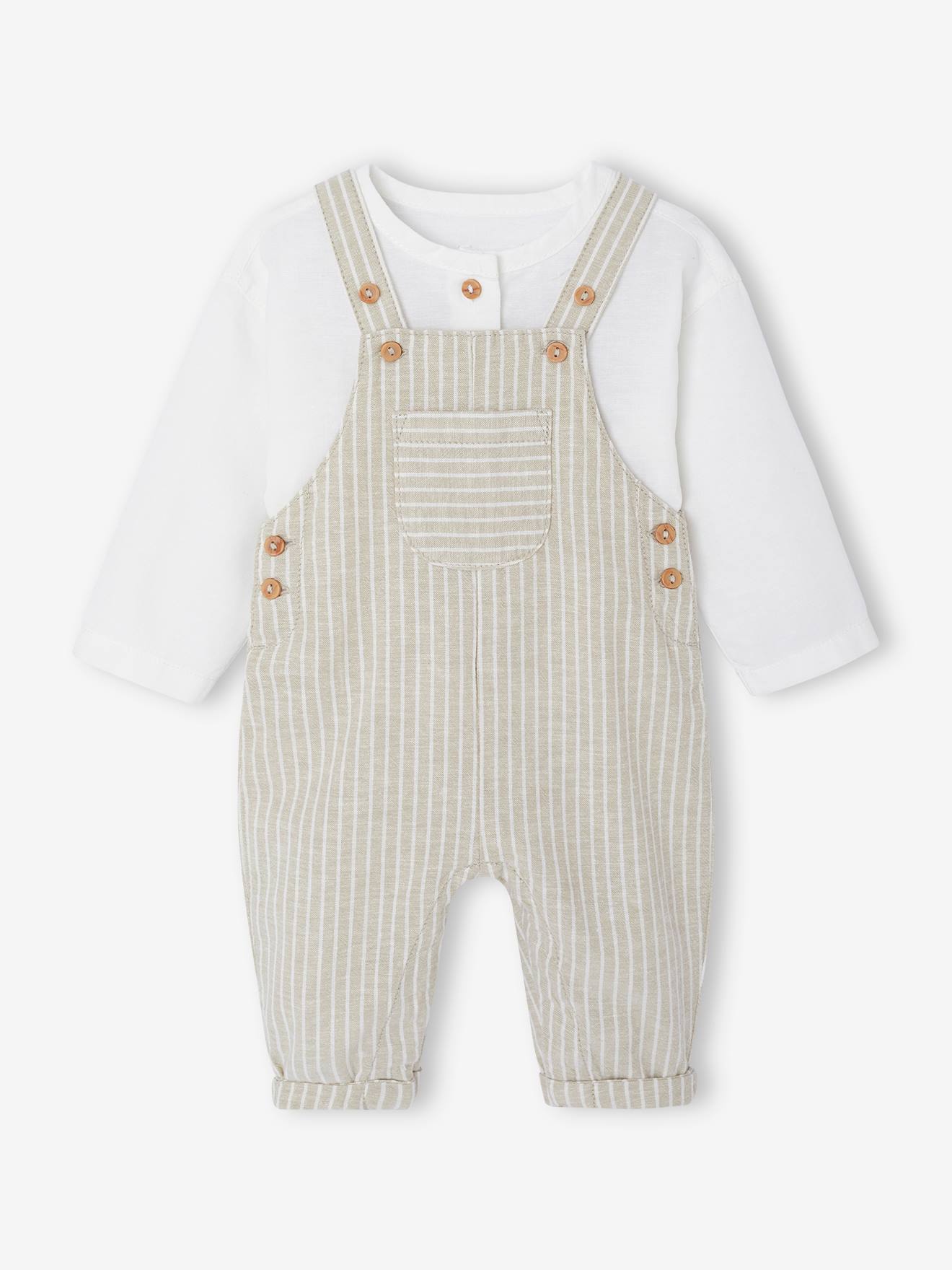 Ensemble bébé naissance cérémonie chemise salopette en lin et coton argile (Vertbaudet) - Image 1