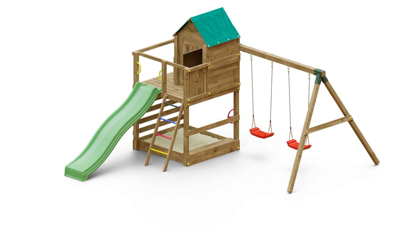 Aire De Jeux Avec Cabane Et 2 Balançoires Marron