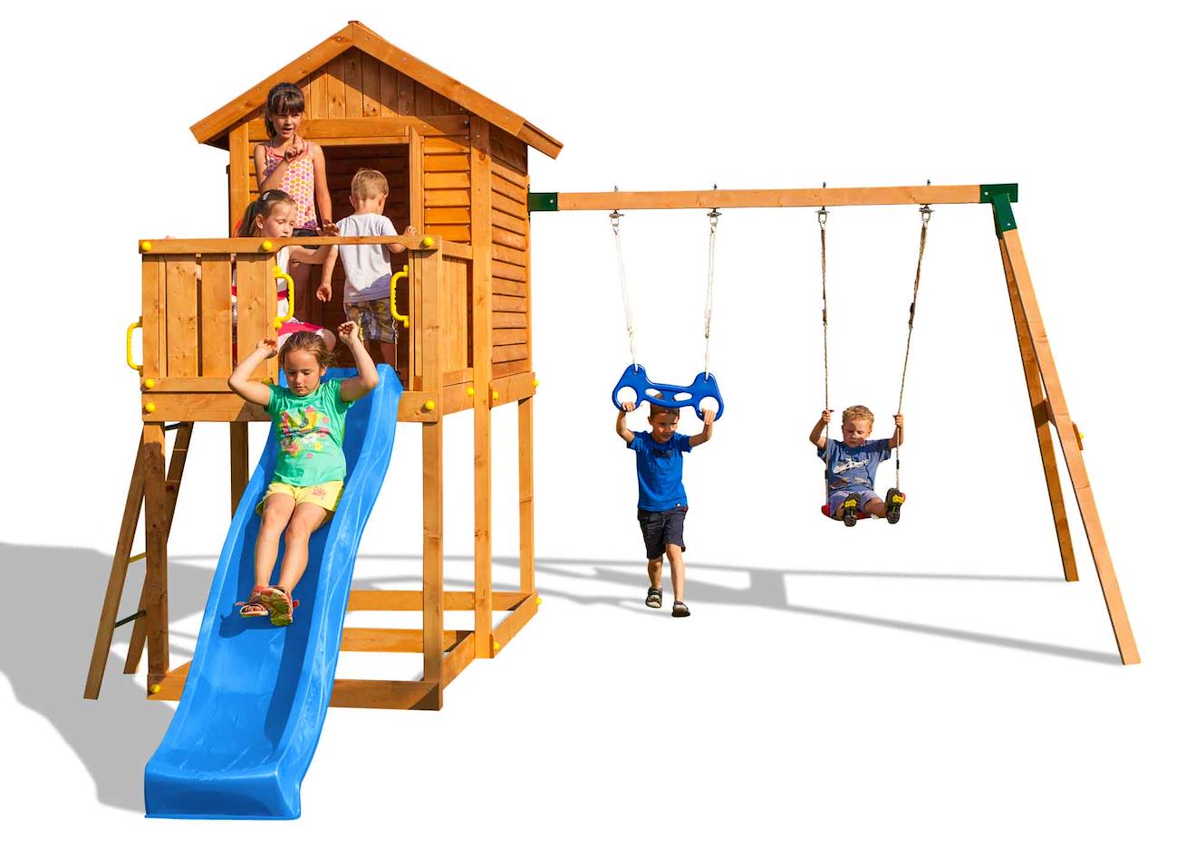 Aire De Jeux En Bois Avec Cabane, Balançoire, Toboggan Marron