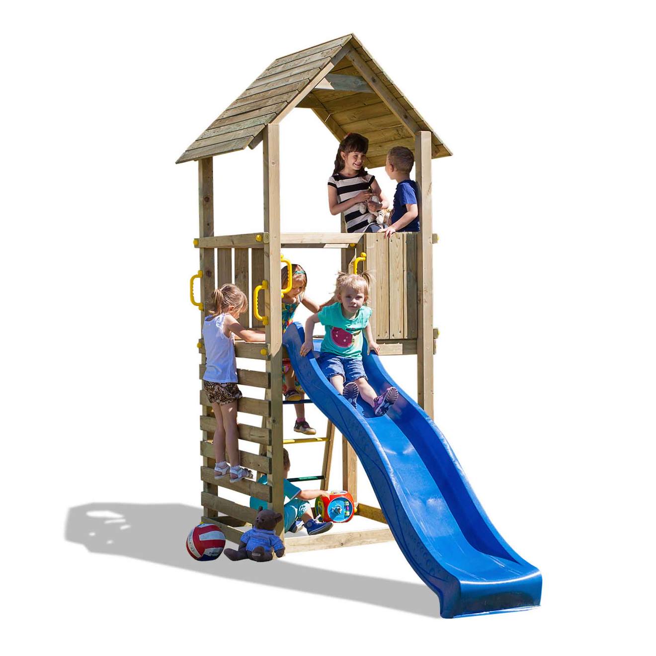 Aire De Jeux En Bois Avec Toboggan Et Mur D'escalade Marron