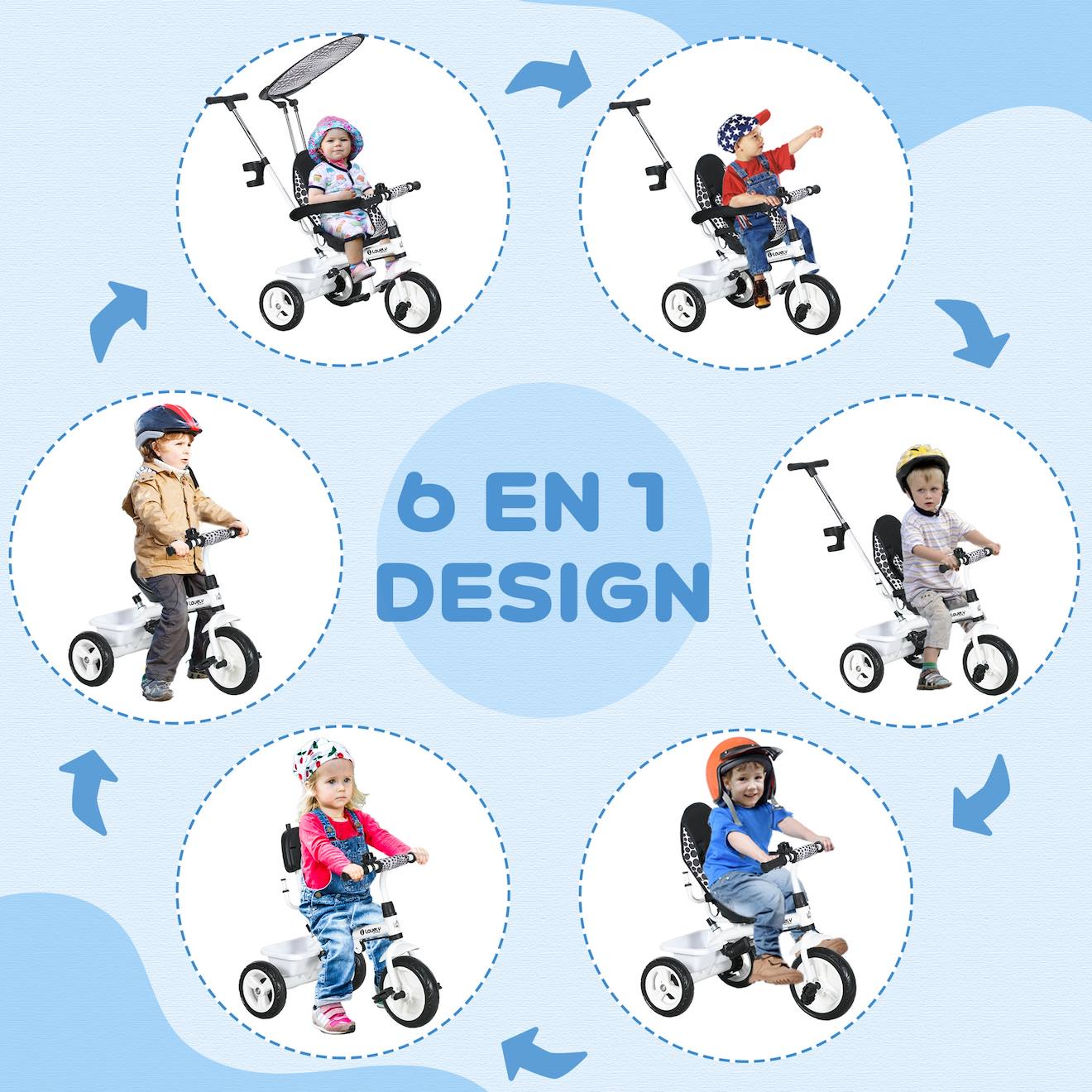 Tricycles Homcom Tricycle enfant évolutif pare-soleil pliable canne télescopique amovible acier rose