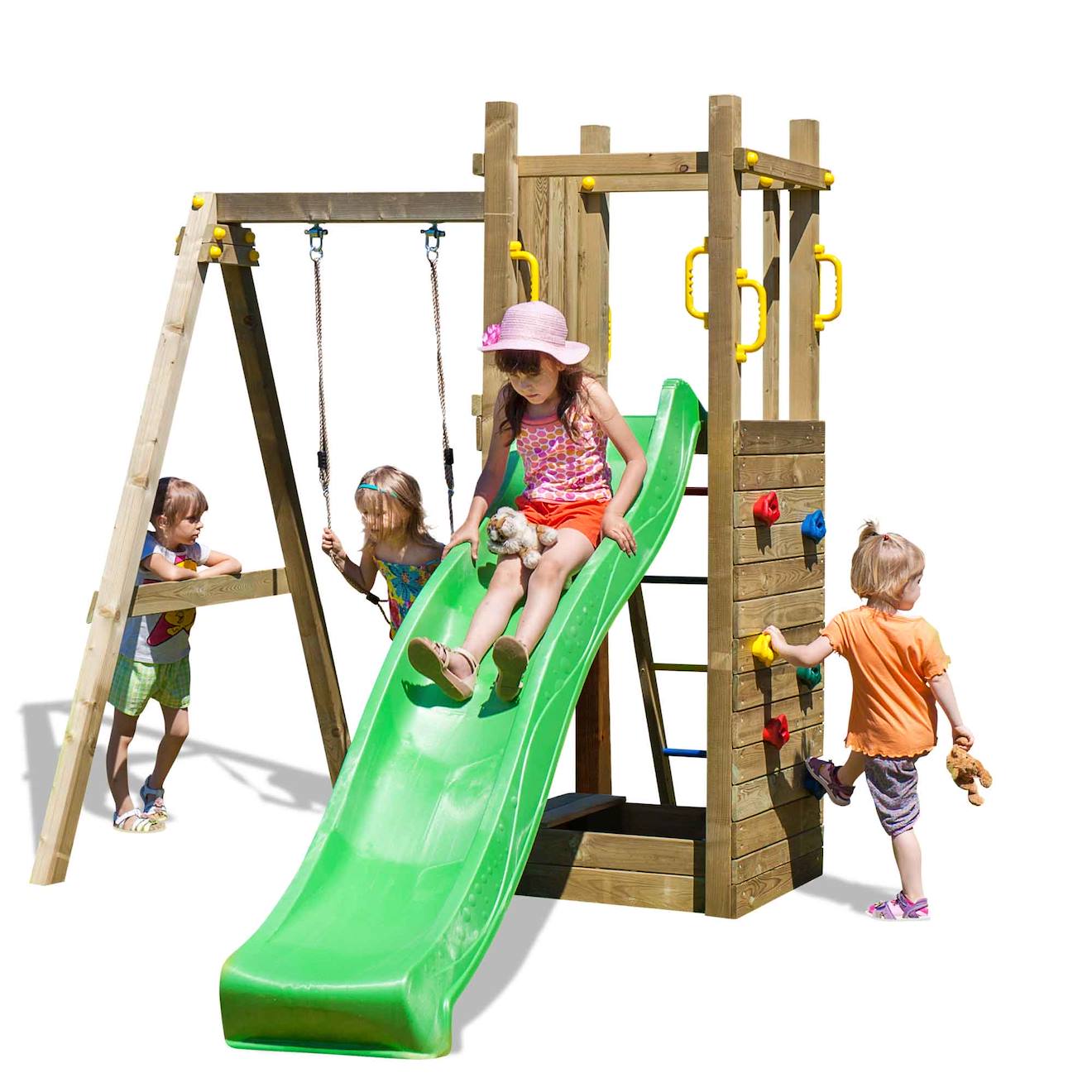 Aire De Jeux En Bois Avec Bac À Sable, Toboggan, Mur D'escalade Et 1 Balançoire Marron