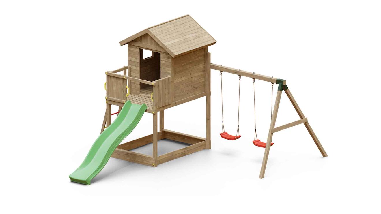Aire De Jeux En Bois Avec Toboggan Et Maison Marron
