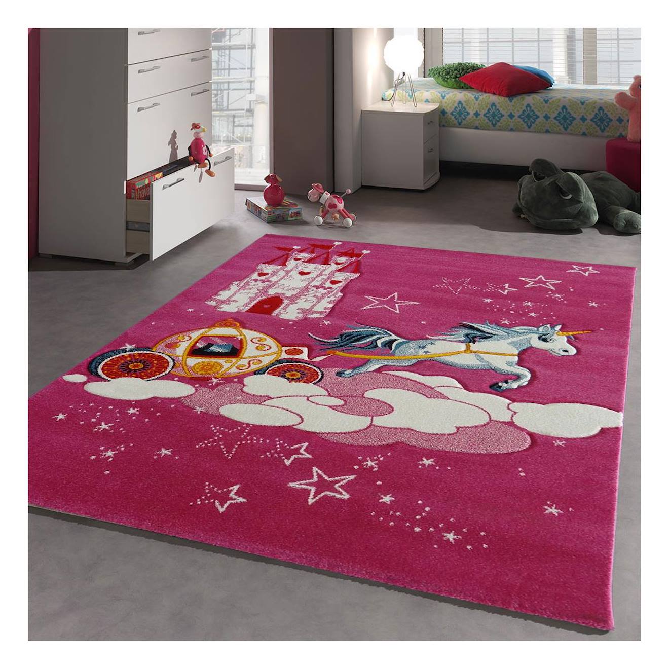 Tapis Enfant Tissé Motif Licorne Rose