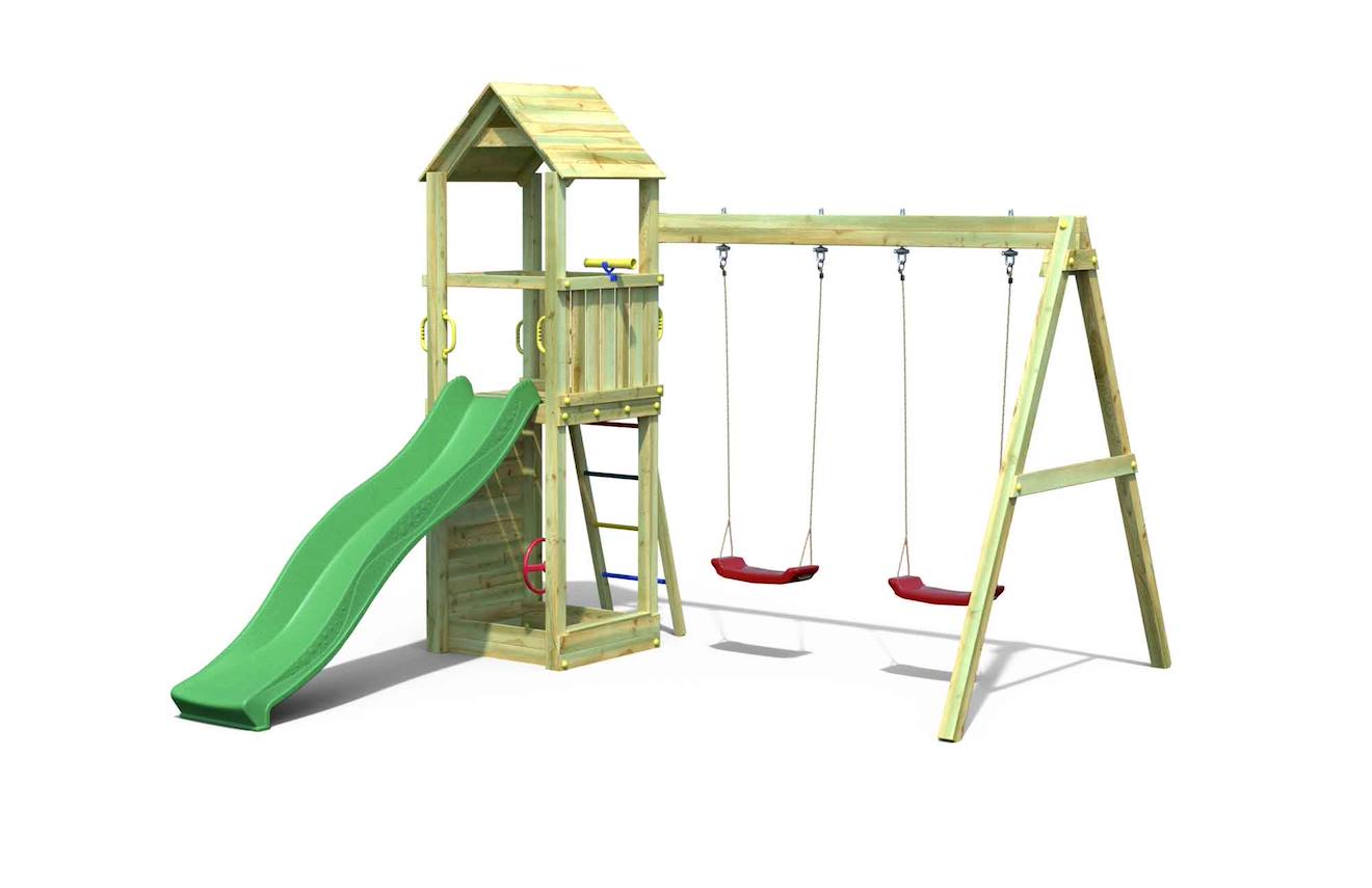 Aire De Jeux En Bois Avec Toboggan Et Deux Balançoires Marron