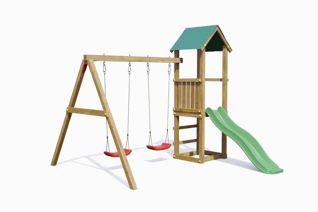 Aire De Jeux En Bois Avec Toboggan, Double Balançoire Marron