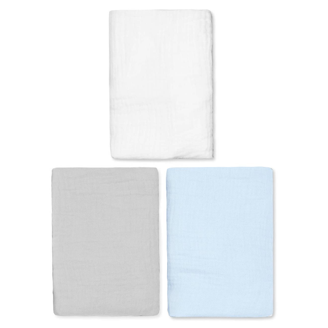 Lot De 3 Draps Housses Couffin En Gaze De Coton Uni Bleu, Gris, Blanc