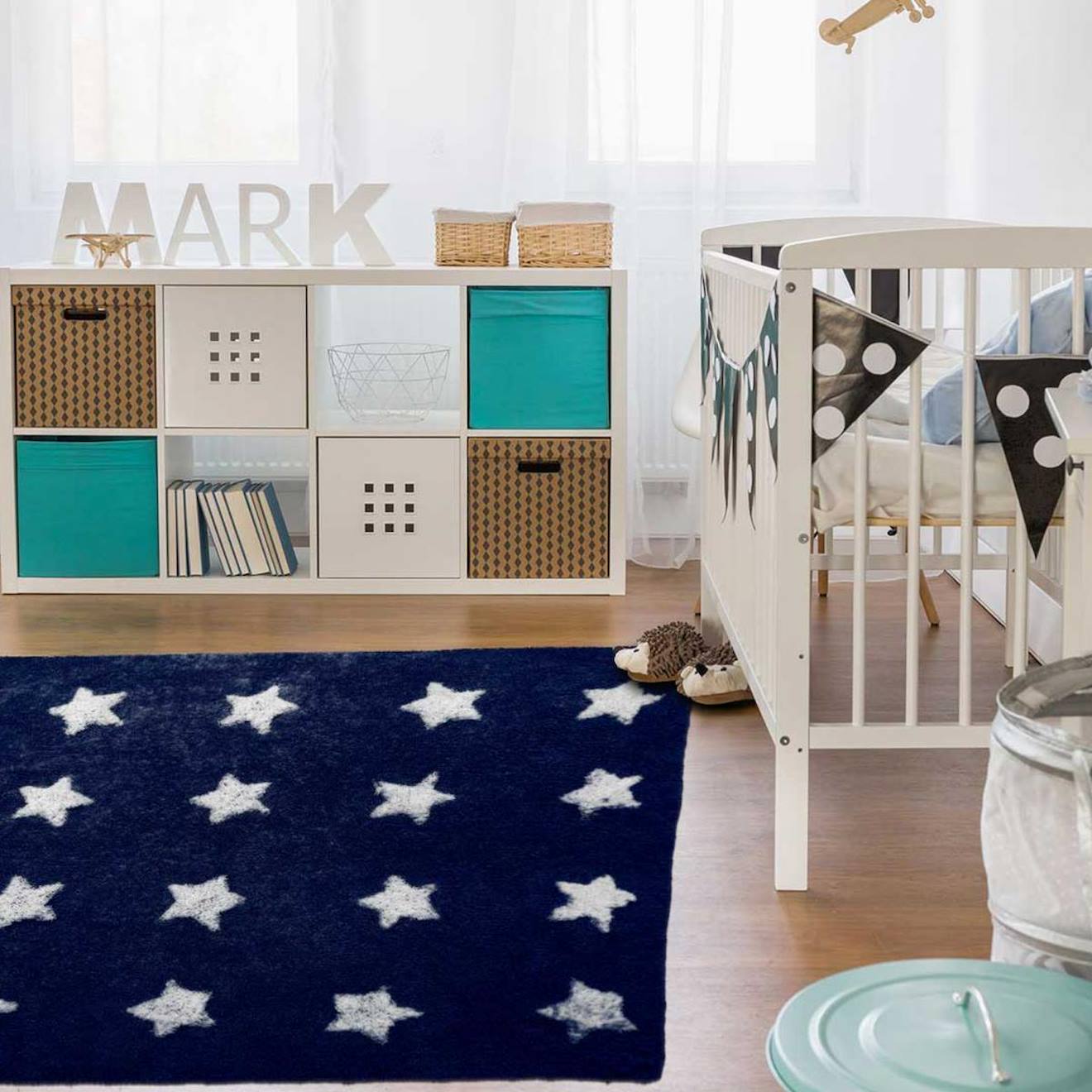 Tapis Enfant Fait Main En Coton Etoile Bleu