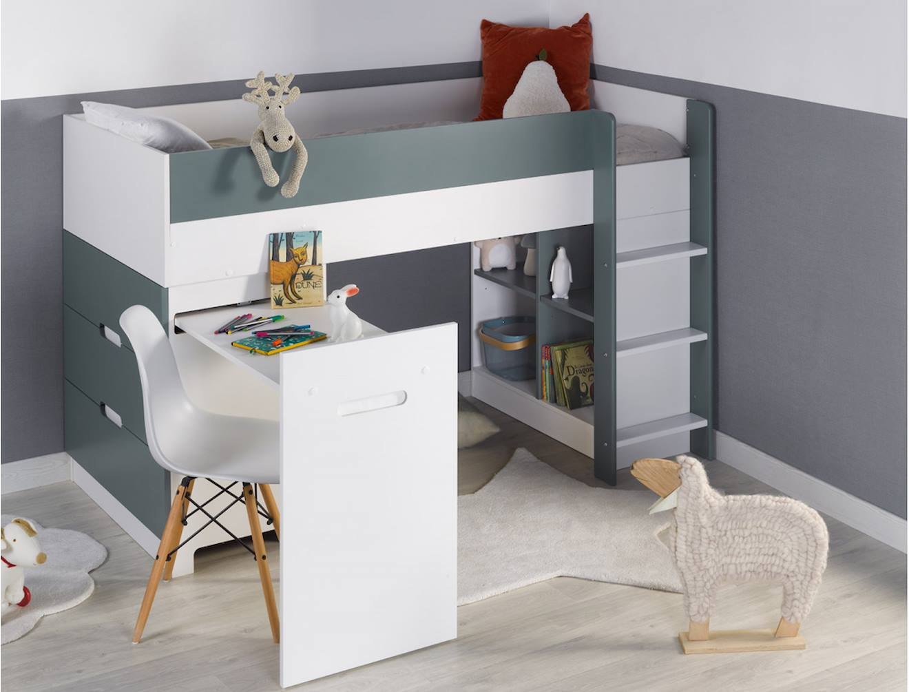 Lit Mi-hauteur Bureau & Commode Opus Blanc Et Vert Mousse