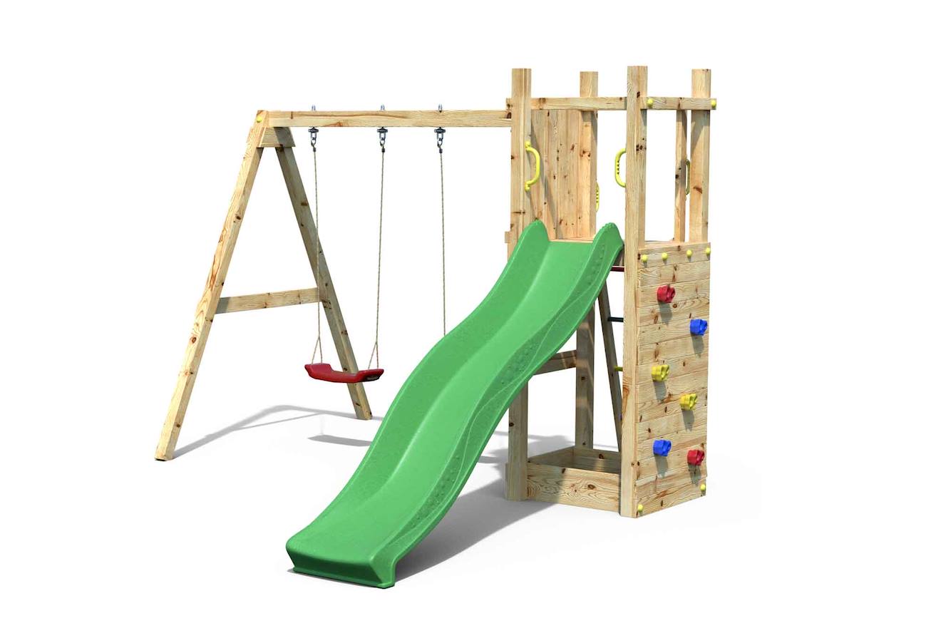 Aire De Jeux En Bois Avec Bac À Sable, Mur D'escalade, Toboggan Et 2 Balançoires Marron