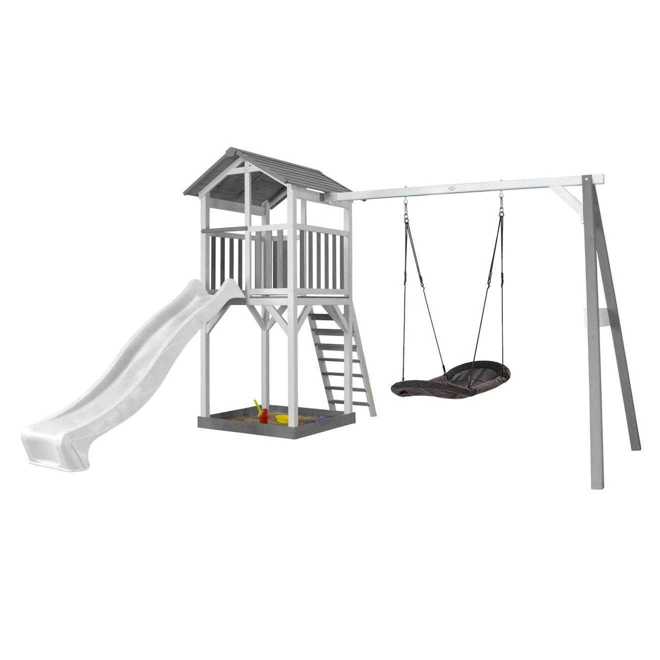 Aire De Jeu Avec 1 Balançoire Nid Ovale Et Toboggan Blanc