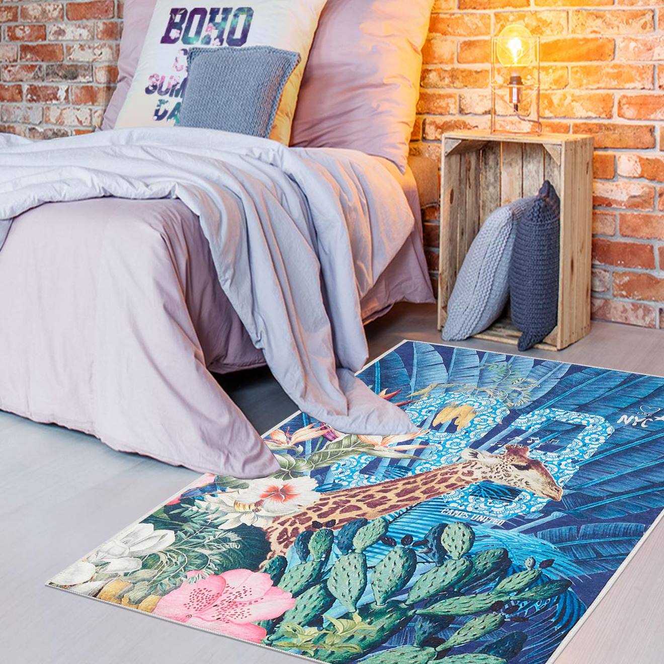 Tapis Enfant Tissé Jungle Bleu