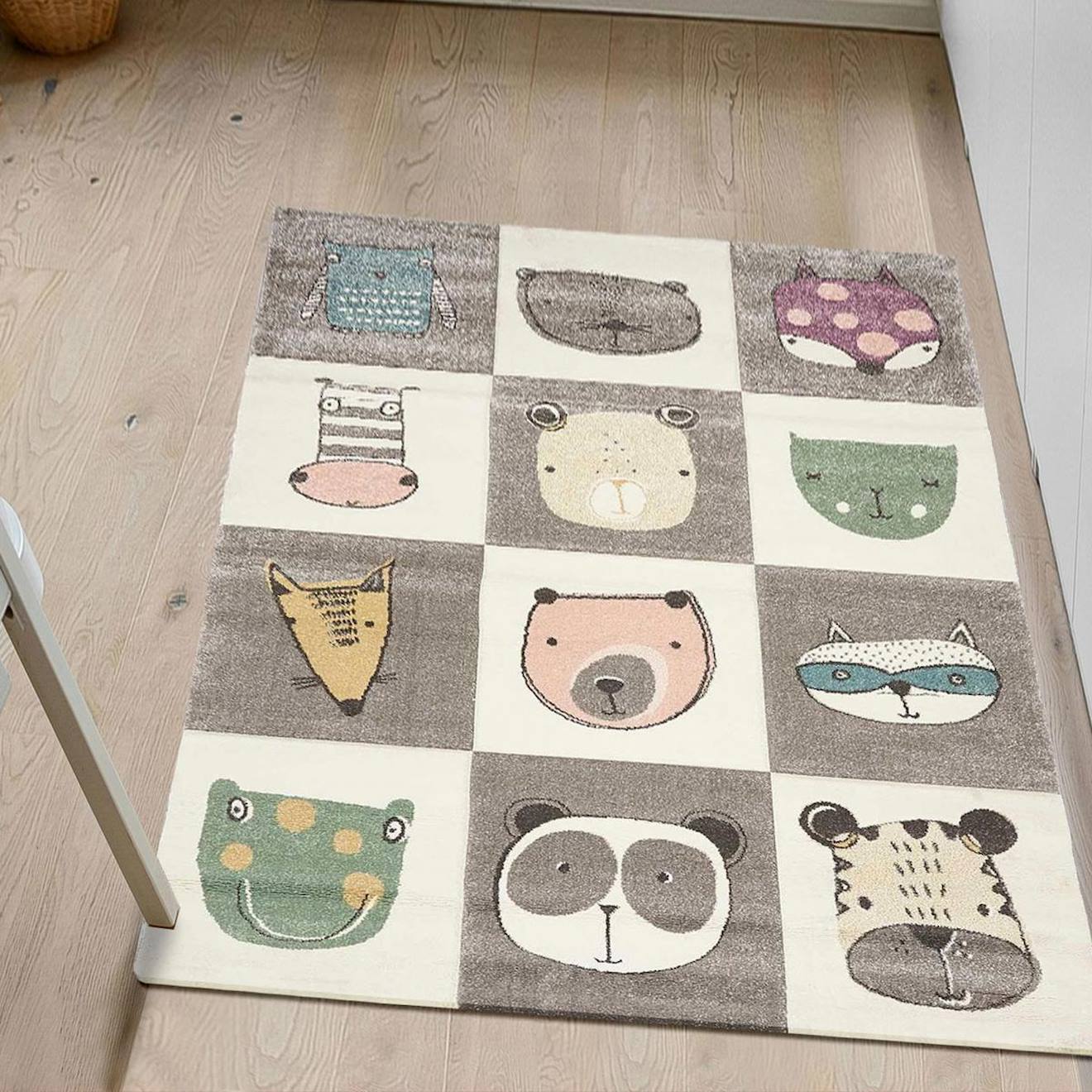 Tapis Enfant Tissé Motif Animaux Zoo 2 Gris