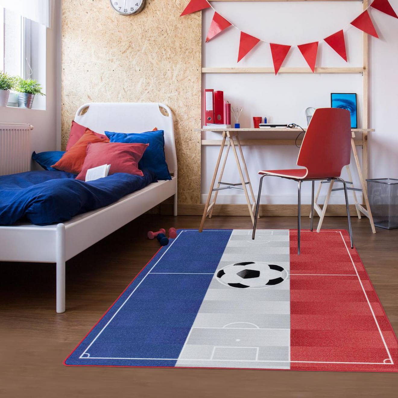 Tapis Enfant Motif Sport Foot Bleu Blanc Rouge