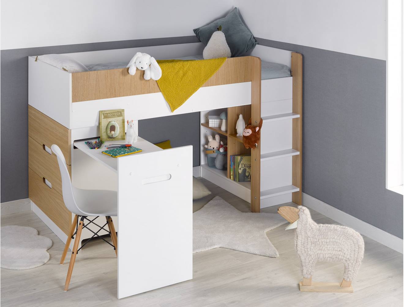 Lit Mi-hauteur Bureau & Commode Opus Blanc Et Bois