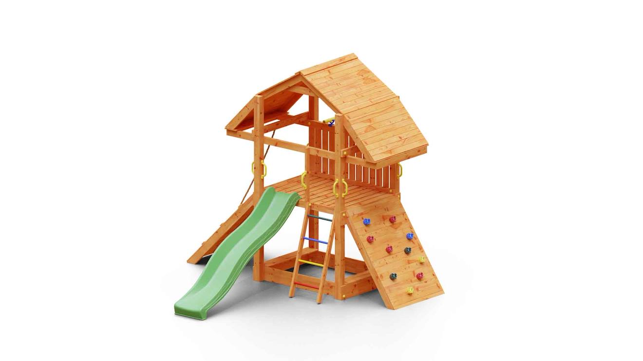 Aire De Jeux En Bois Avec Mur D'escalade Et Toboggan Marron