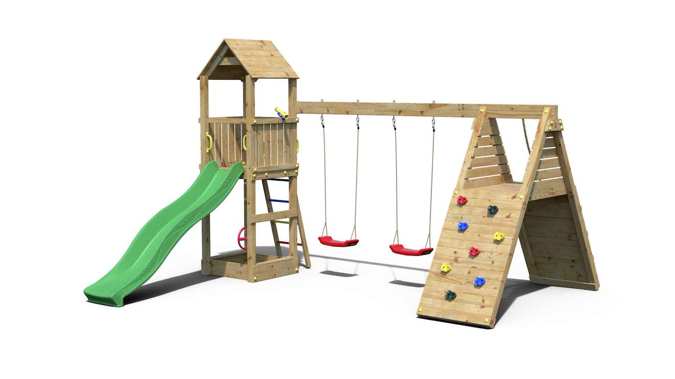 Aire De Jeux En Bois Avec Toboggan Et 2 Balançoires Marron