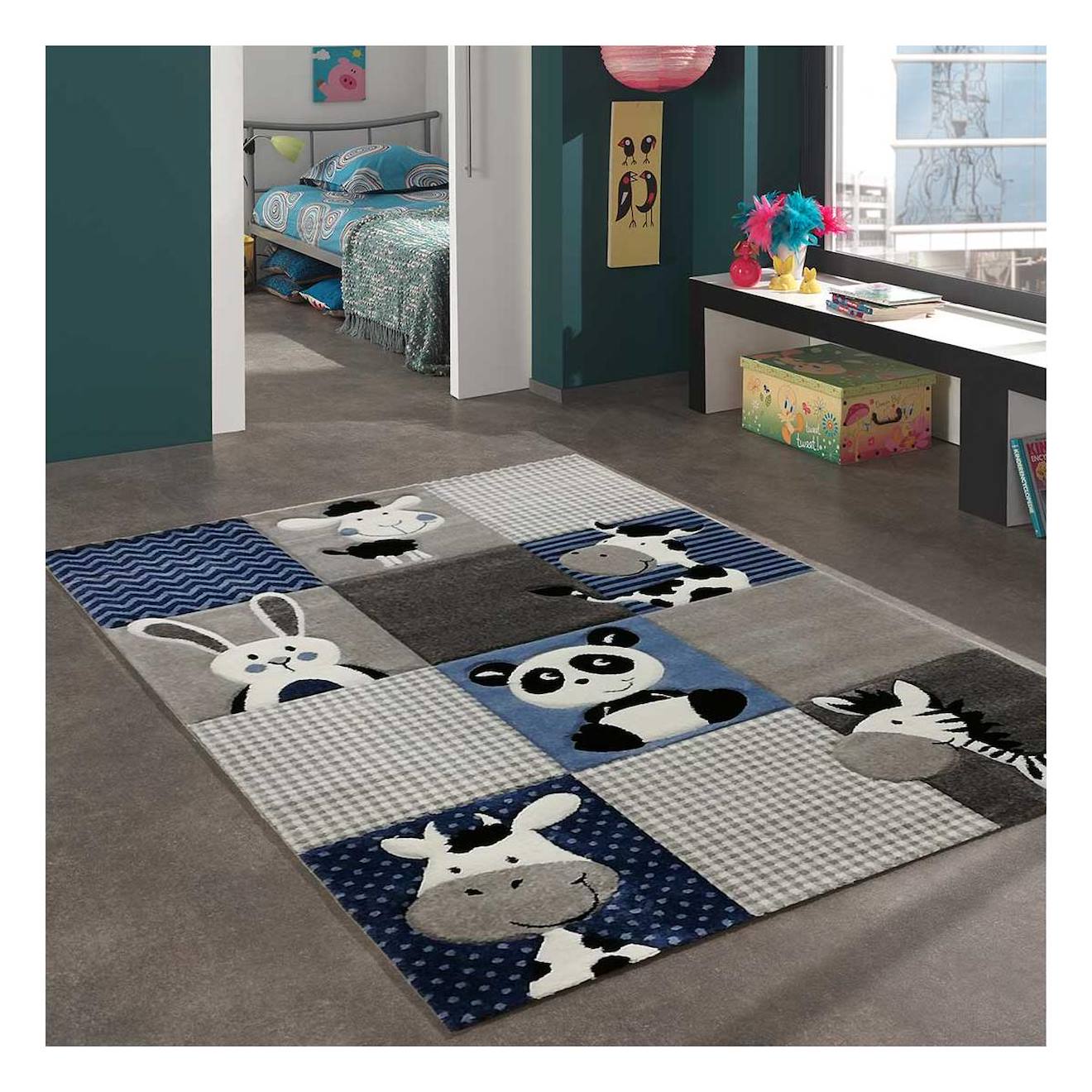 Tapis Enfant Tissé Motif Animaux Zoo Bleu