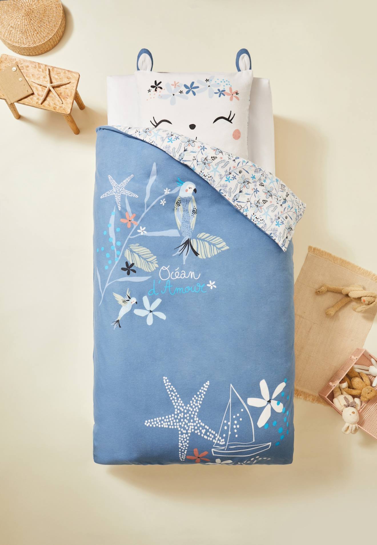 Housse De Couette Enfant + Taie D'oreiller En Flanelle Océan D'amour Bleu