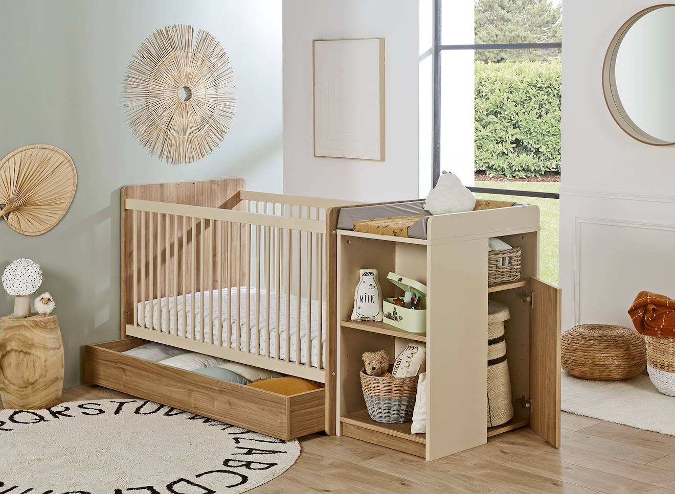 Lit Bébé Évolutif Combiné Bohème Blanc & Bois (Chambrekids) - Image 1