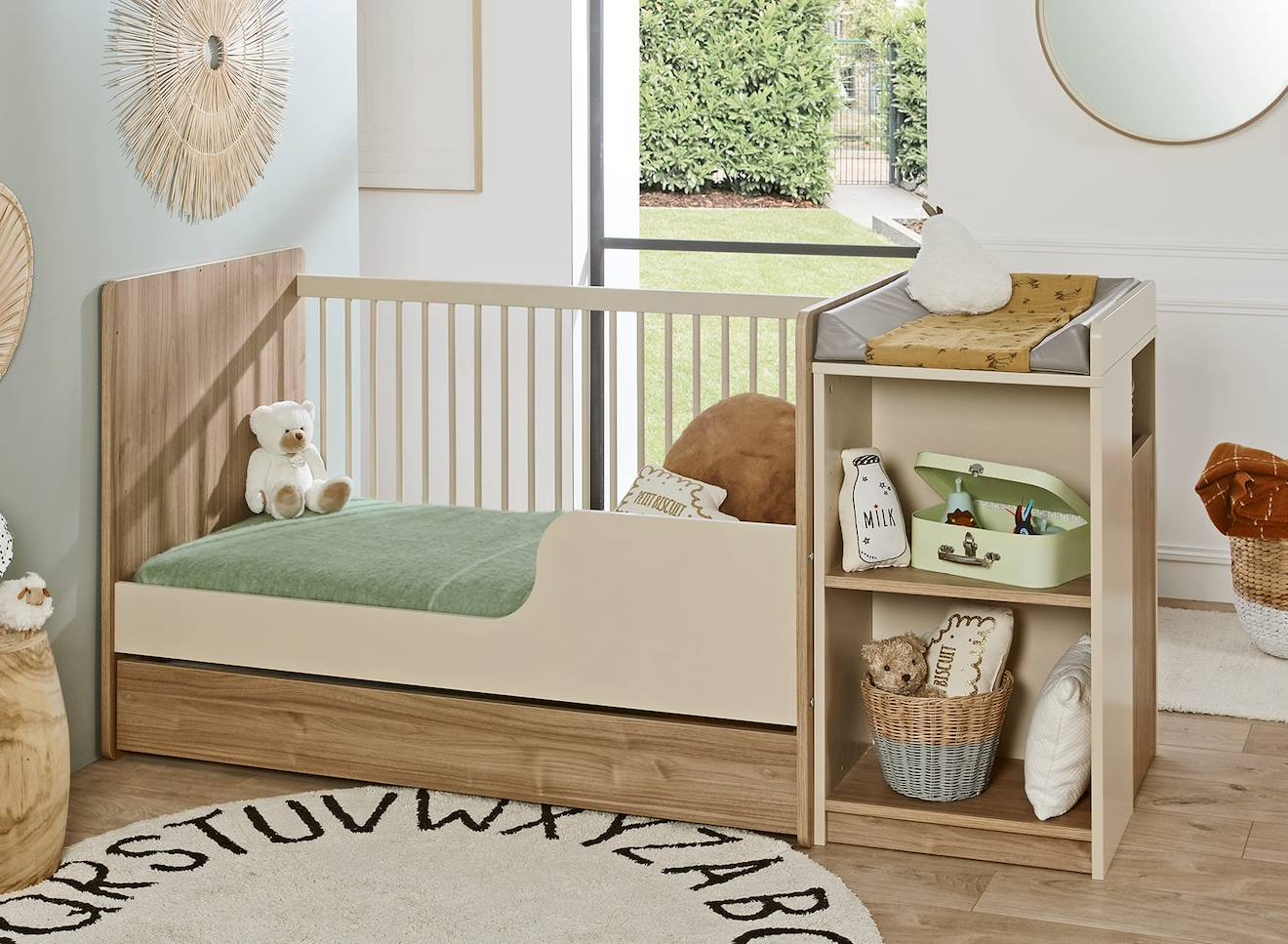 Lit Bébé Évolutif Combiné Bohème Blanc & Bois (Chambrekids) - Image 2