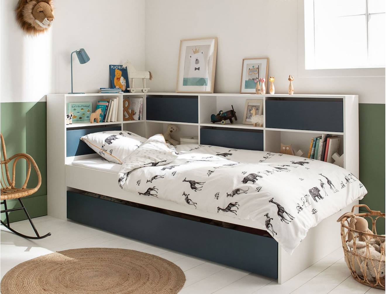 Lit Gigogne Avec Rangements Opus Blanc Et Bleu Nuit