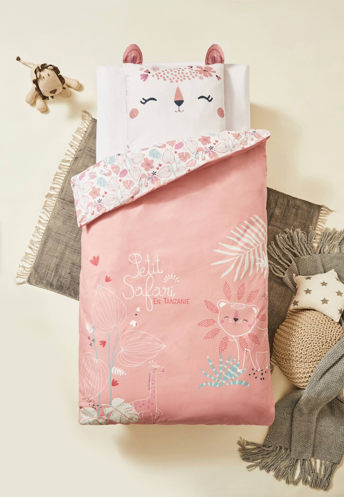 Housse De Couette Enfant + Taie D'oreiller Petit Safari Rose