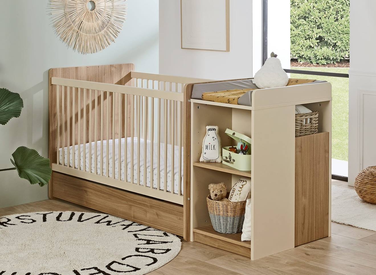 Lit Bébé Évolutif Combiné Bohème Blanc & Bois