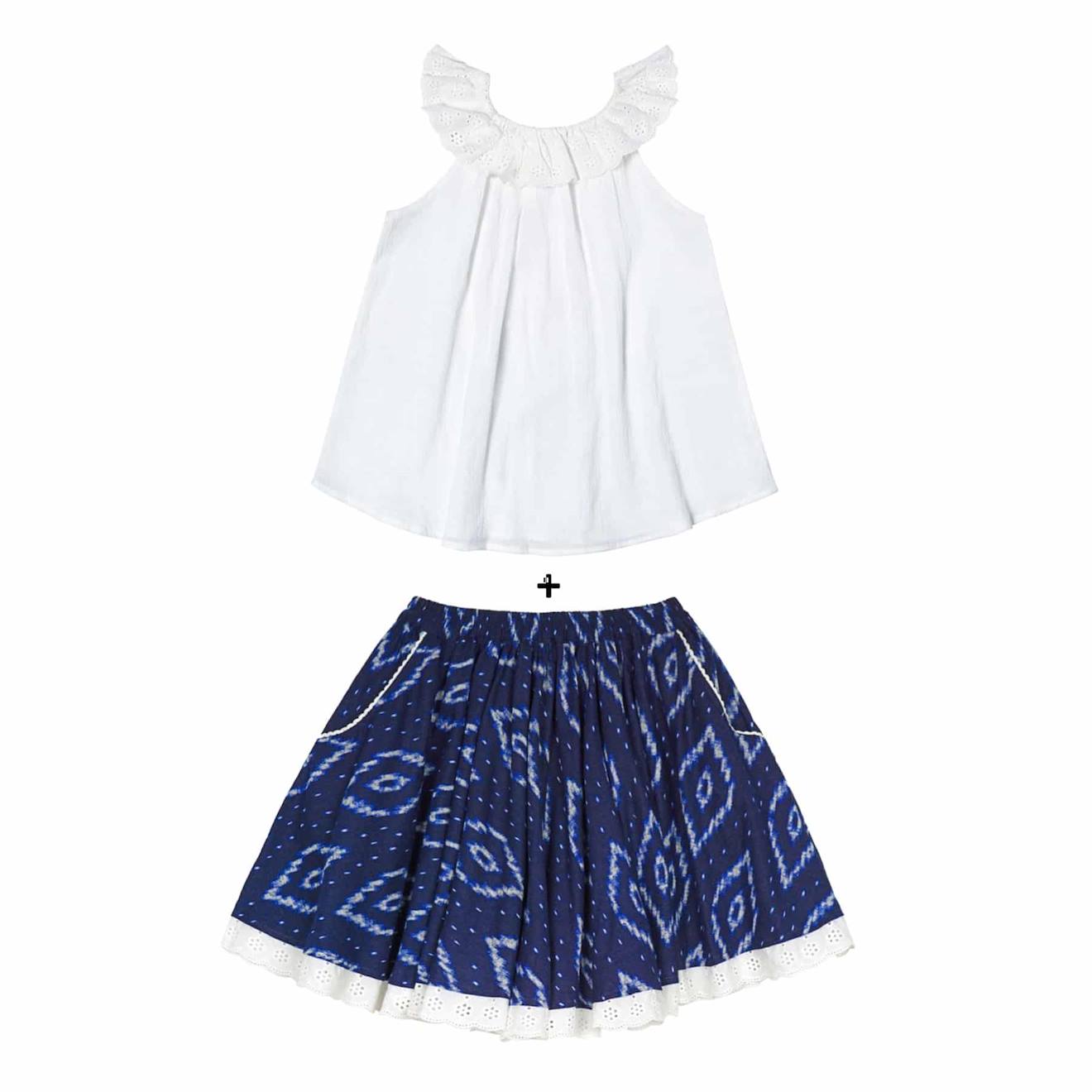 Set Cadeau Blouse Blanche & Jupe Tie And Dye Bleu Blanc Bleu Marine
