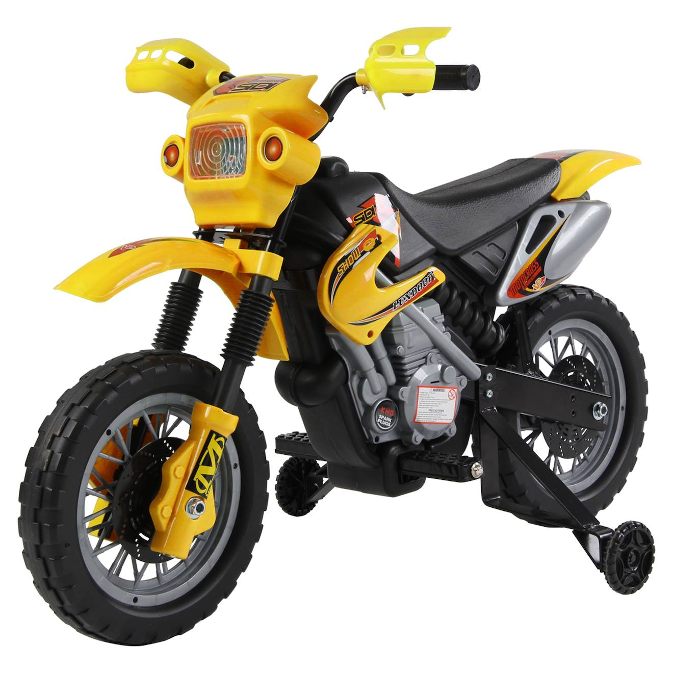 Moto Cross Électrique Enfant 6v Phares Klaxon Musiques Roues Auxiliaires Amovibles Jaune