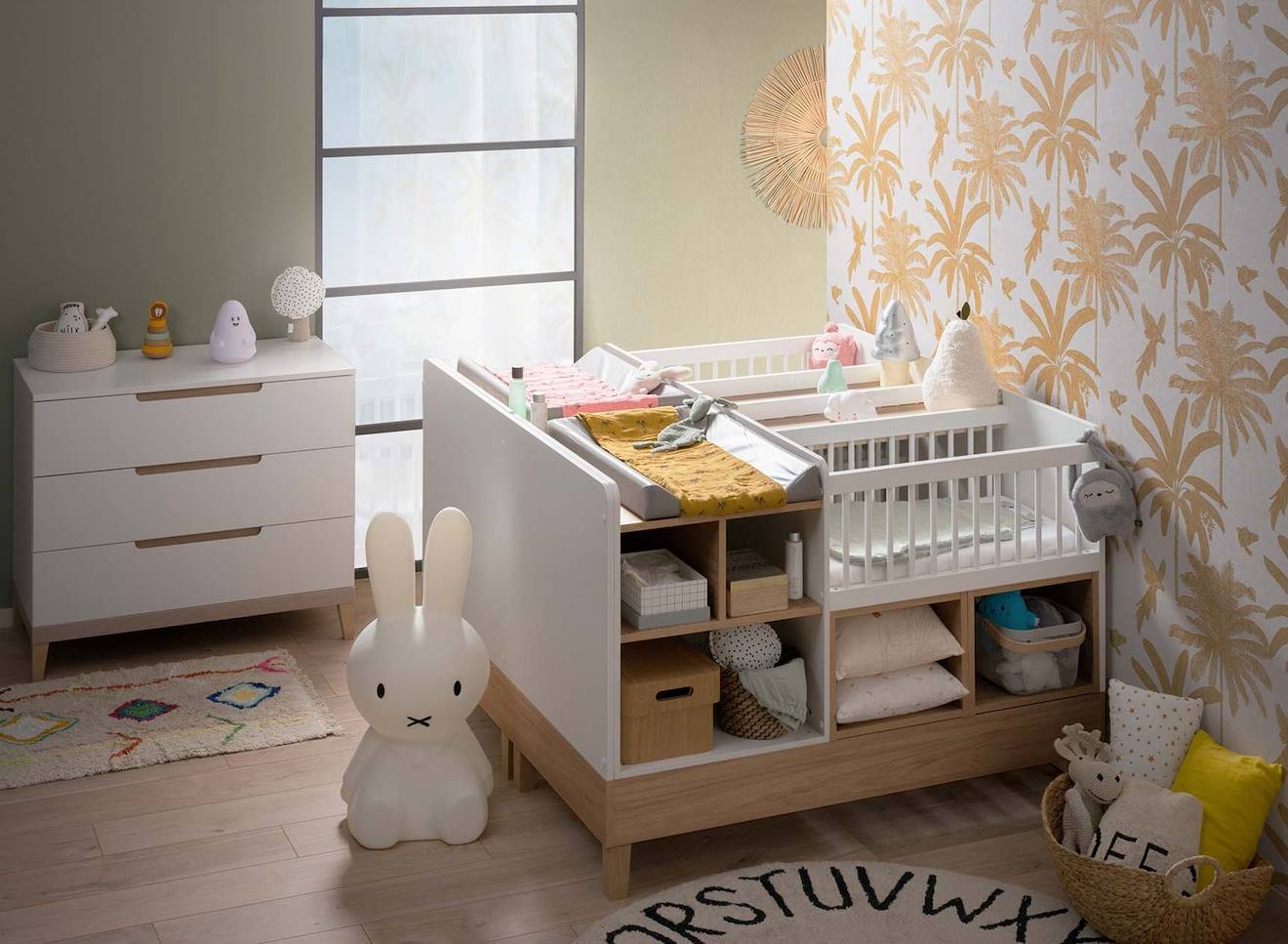 Lit Bébé Jumeaux Évolutif Mooréa Blanc & Bois (Chambrekids) - Image 1