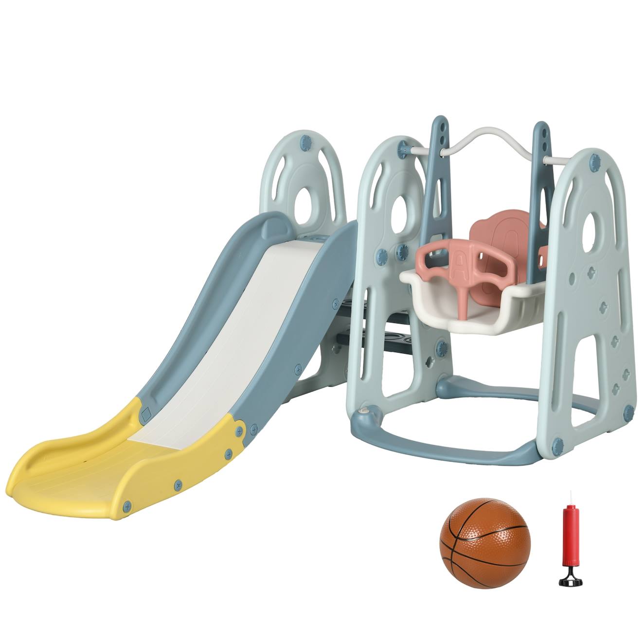 Portique Enfant Toboggan Et Balançoire Avec Panier De Basket-ball Aire De Jeux 3 En 1 Usage Intérieur Et Extérieur Dim. 200 X 150 X 100 Cm Bleu