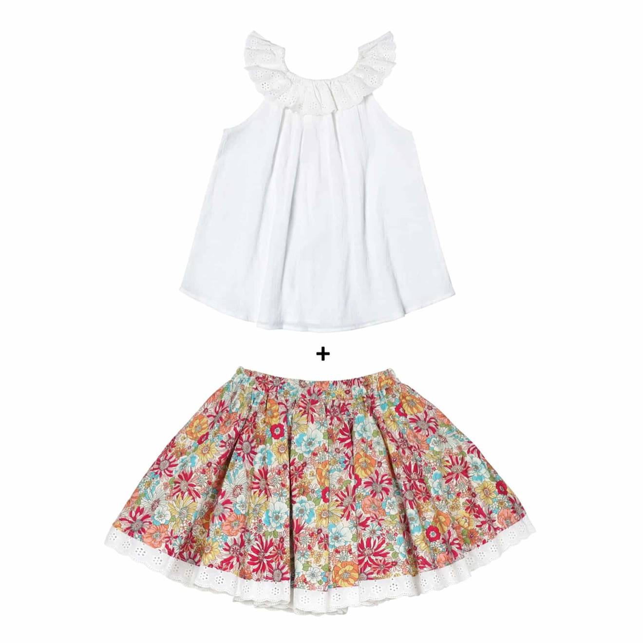 Set Cadeau Blouse Blanche & Jupe Liberty Rouge Blanc Rouge Fleurie