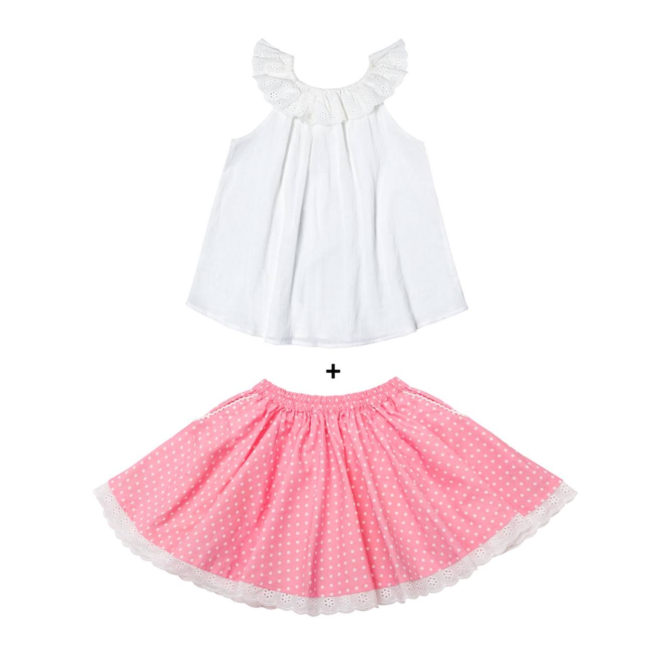 Set Cadeau Blouse Blanche & Jupe Rose À Pois Blancs Blanc Rose Saumon