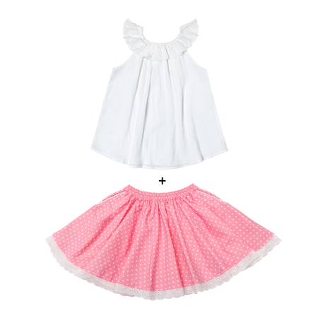 Fille-Ensemble-Set cadeau   blouse blanche & jupe rose à pois blancs