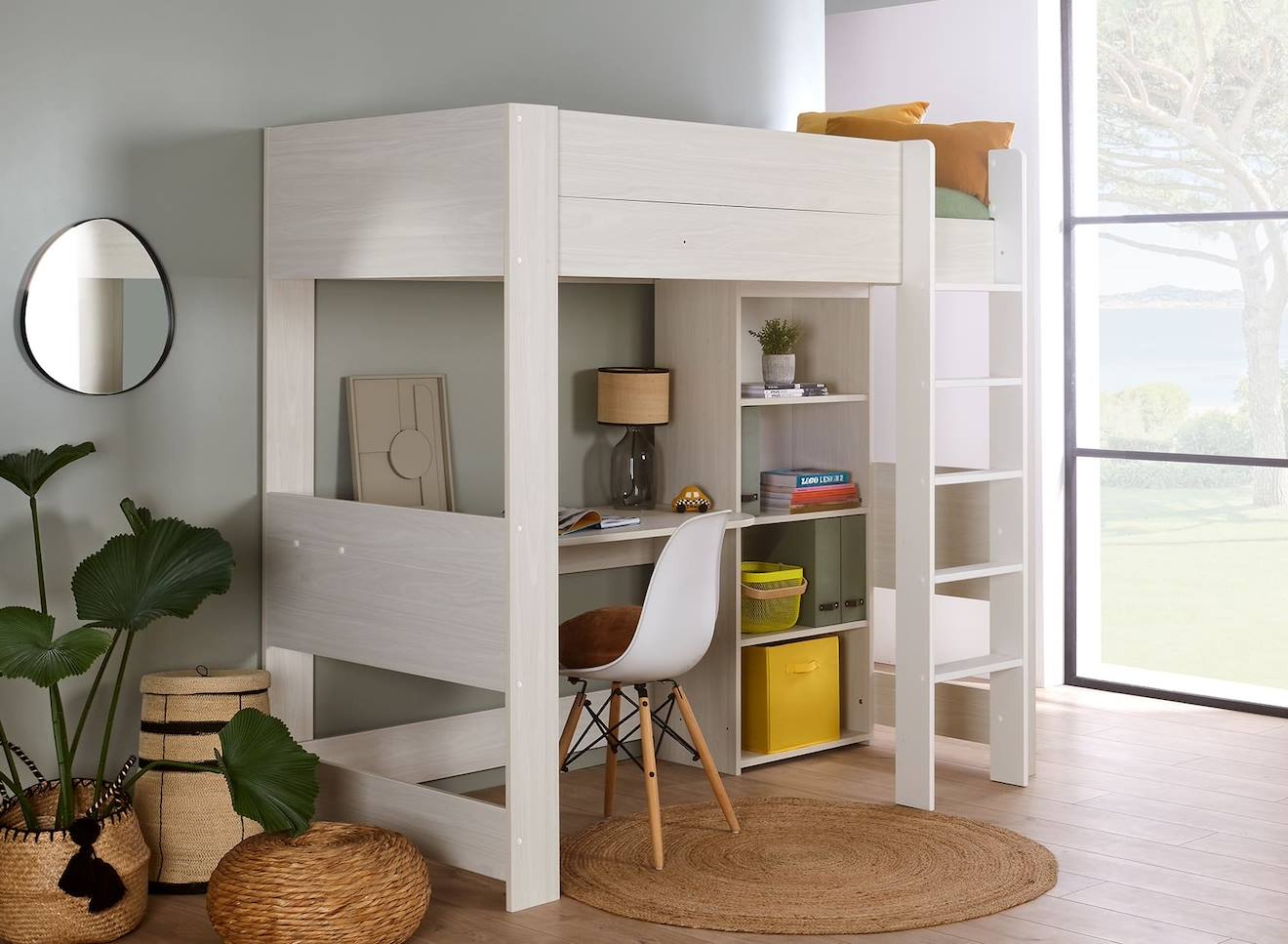 Lit Mezzanine Avec Bureau Et Rangements Palerme Blanc