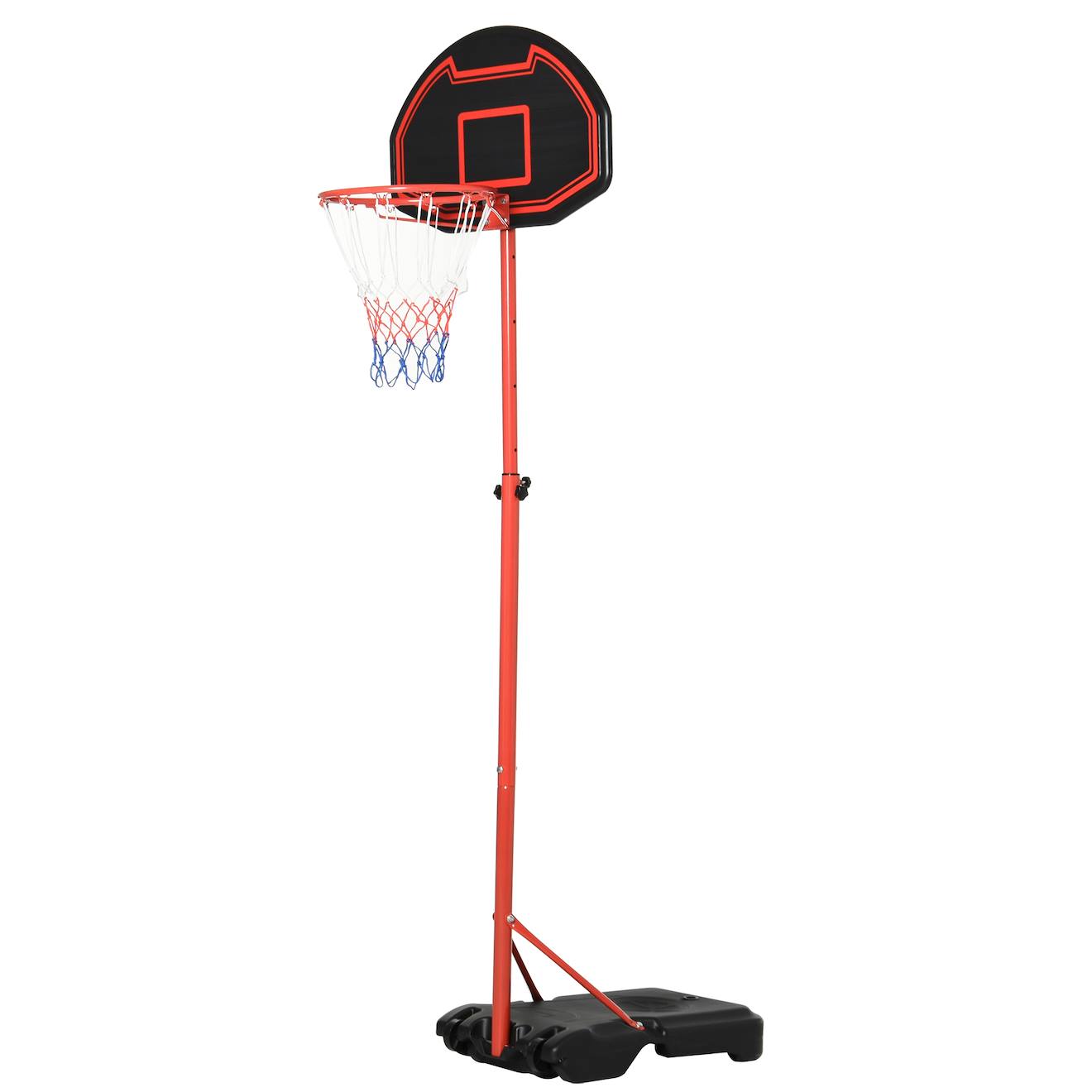 Panier De Basket-ball Sur Pied Avec Poteau Panneau, Base De Lestage Sur Roulettes Hauteur Réglable 1,55 - 2,1 M Rouge