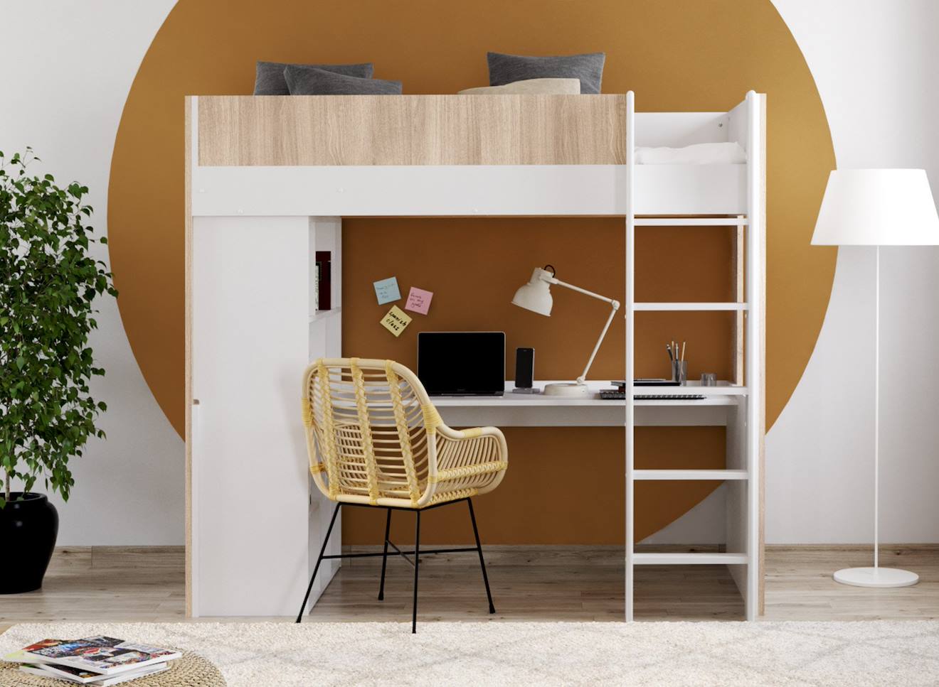 Lit Mezzanine Avec Bureau Dune Blanc & Bois